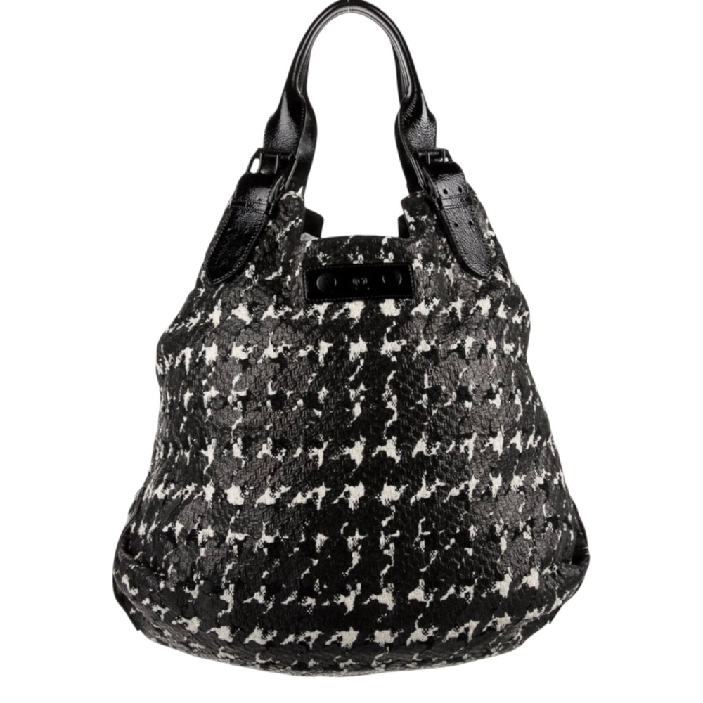 Alexander McQueen Black White Houndstooth Textured Leather Trim Tote Bag Italy